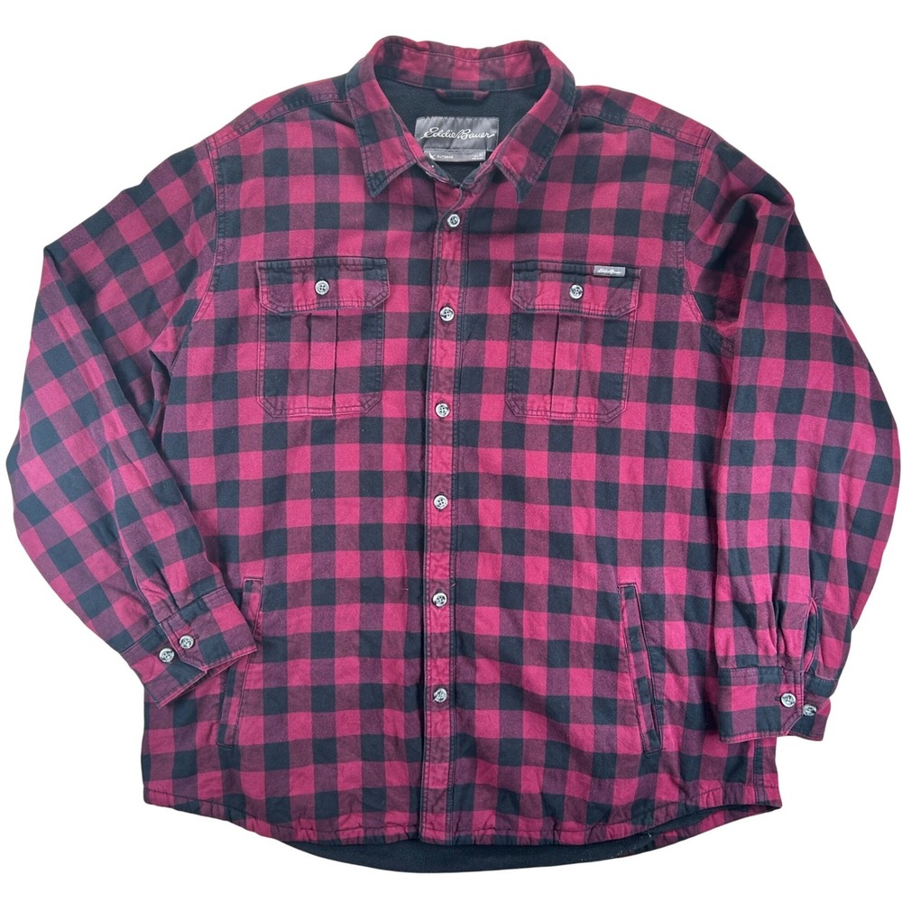 Eddie Bauer Shirt Shacket Mens XL Red Black Buffalo Plaid Fleece‎ Lined Outdoor